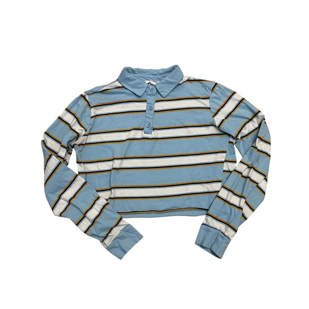 Tilly's Full Tilt long sleeve cropped polo XS collared blue 100% cotton striped